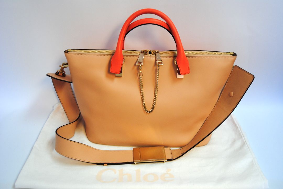 blush and coral Chloe colorblock leather tote, Length: 13.5 in Height: 9.5 in Depth: 6 in Handle Drop: 5 in Strap Drop: 17 in (adjustable, removable wide strap)