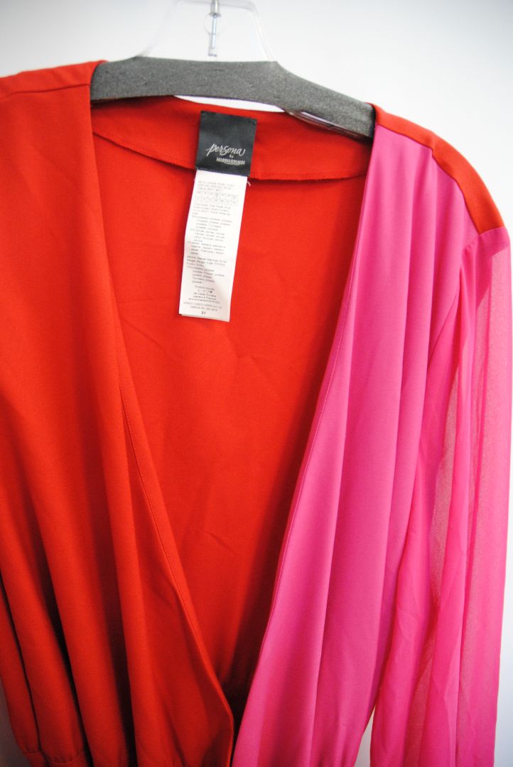 pink and red Marina Rinaldi Persona designer dress, Bust: 22.5 in (flat) Waist (adjustable tie): up to 21 in Hip: 24 in Length: 50 in (shoulder to hem) Sleeve Length: 24.5 in Fit: Relaxed wrap fit with tie belt