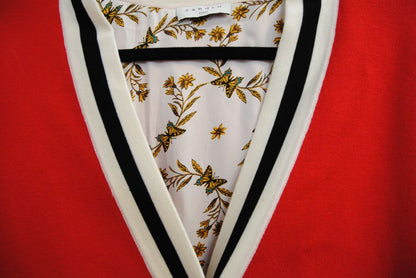 red Sandro knit cardigan, Bust (flat): 19.5 in Length (shoulder to hem): 27 in Sleeve Length: 21.5 in Shoulder to Shoulder: 17 in Fit: Relaxed, hip-length silhouette Closure: Button-down front