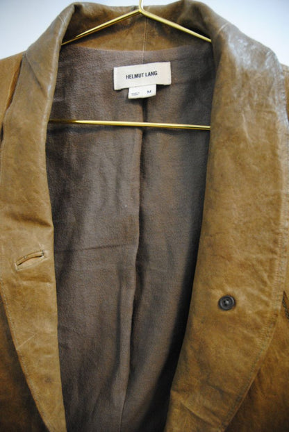 brown Helmut Lang blazer leather, Shoulder to Shoulder: 16 in Bust: 38 in Sleeve Length: 24 in Length (Front): 22 in (asymmetrical hem) Length (Back): 20 in Fit: Structured yet slightly relaxed