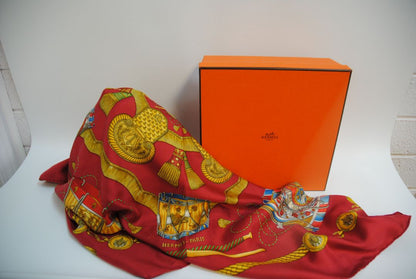 red and gold Hermes “Sous l’Égide de Mars” Silk Scarf (Vintage Red & Gold), Size: 90 cm x 90 cm (35.4” x 35.4”)