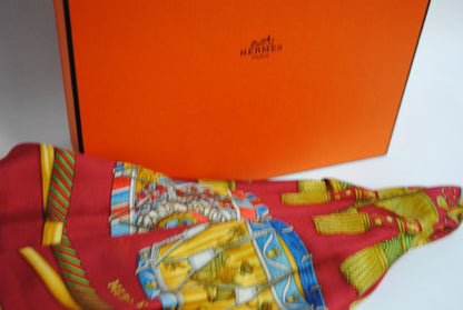 red and gold Hermes “Sous l’Égide de Mars” Silk Scarf (Vintage Red & Gold), Size: 90 cm x 90 cm (35.4” x 35.4”)