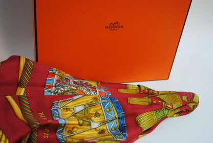 red and gold Hermes “Sous l’Égide de Mars” Silk Scarf (Vintage Red & Gold), Size: 90 cm x 90 cm (35.4” x 35.4”)