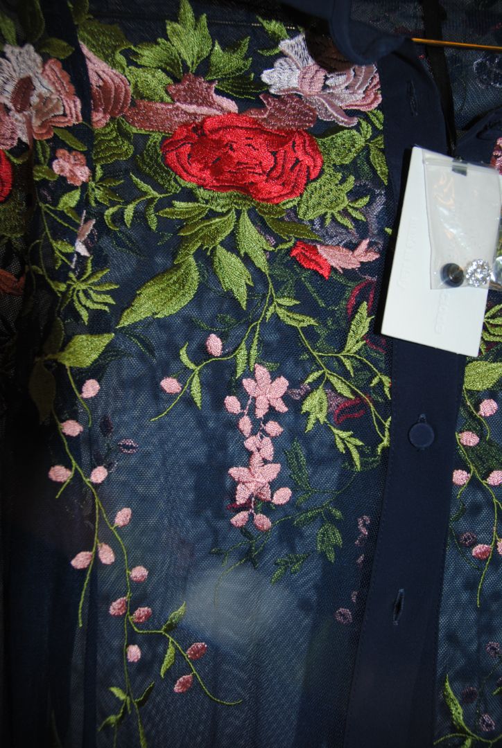 navy Piccione Piccione sheer embroidered blouse, L Bust (flat): ~19” Length (shoulder to hem): ~26” Sleeve Length: ~23”