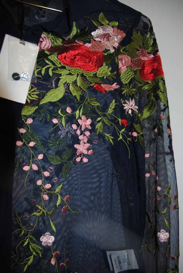 navy Piccione Piccione sheer embroidered blouse, L Bust (flat): ~19” Length (shoulder to hem): ~26” Sleeve Length: ~23”
