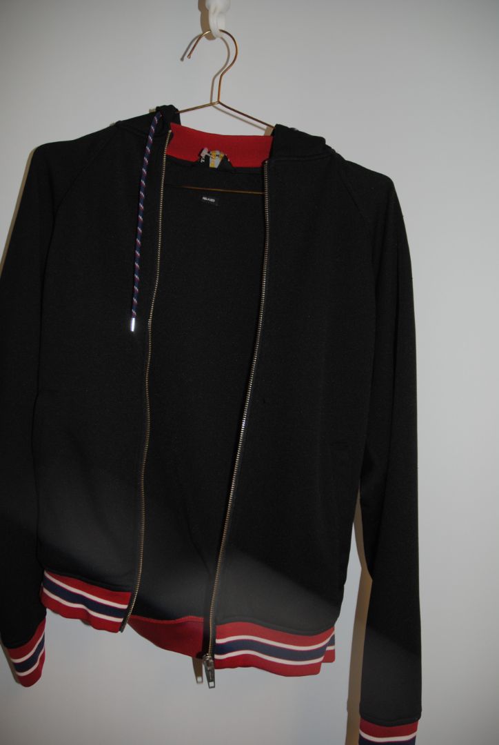 black and red trim Kooples zip up varsity jacket, M
