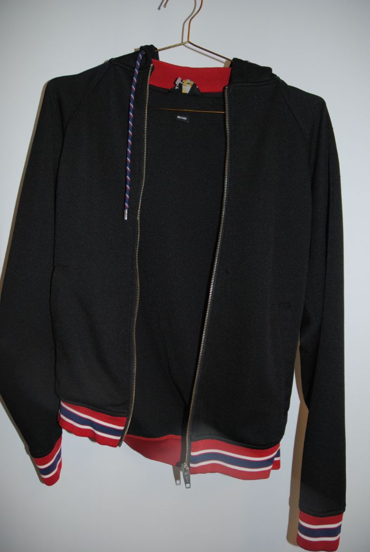 black and red trim Kooples zip up varsity jacket, M