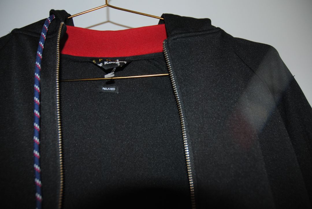 black and red trim Kooples zip up varsity jacket, M