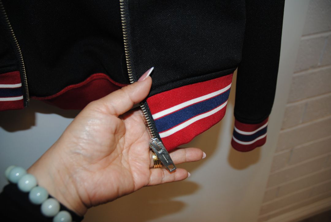 black and red trim Kooples zip up varsity jacket, M