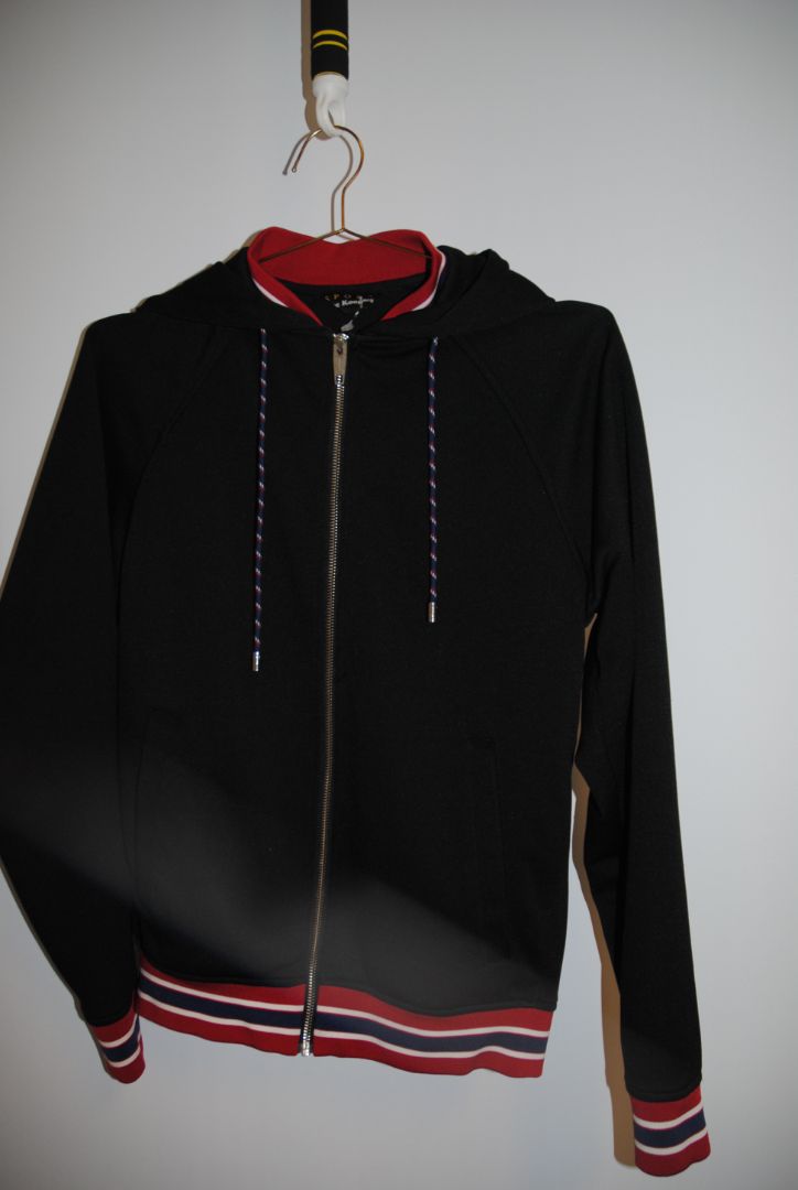 black and red trim Kooples zip up varsity jacket, M