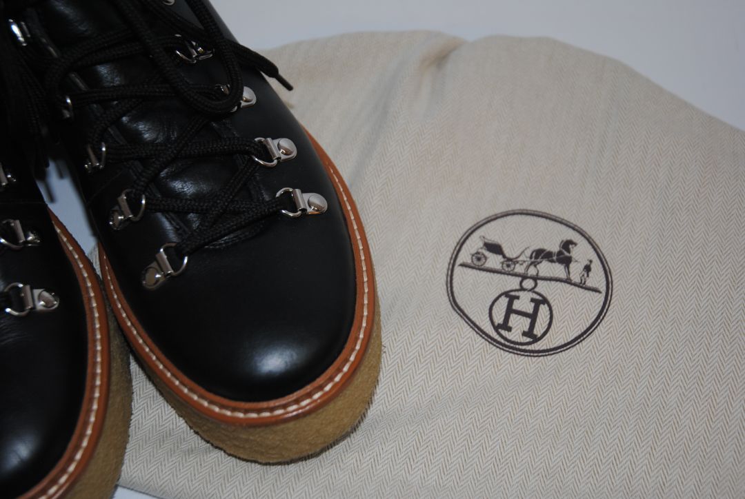 black Hermès Mountain Lace-Up Boots, 42 EU