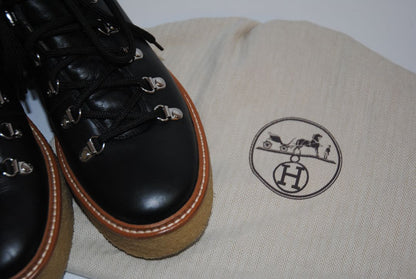 black Hermès Mountain Lace-Up Boots, 42 EU