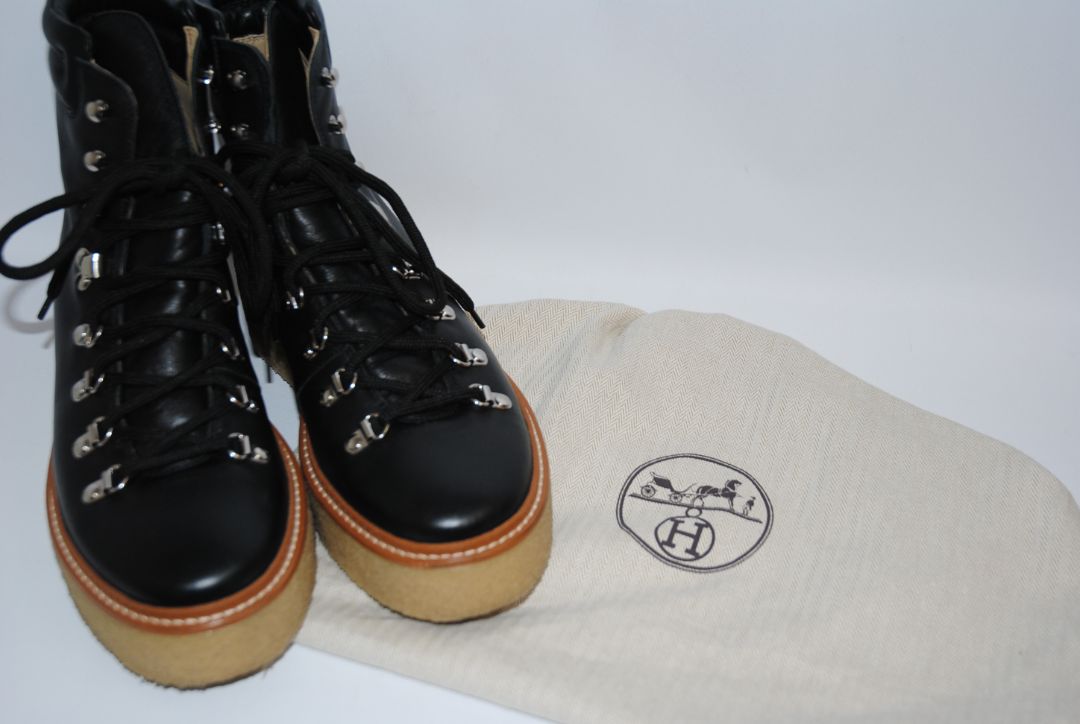 black Hermès Mountain Lace-Up Boots, 42 EU