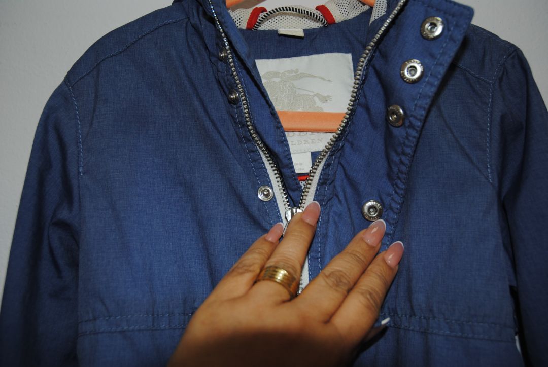 blue Burberry hooded zip, 18 mos