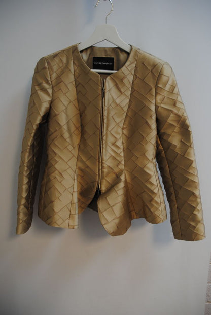 gold Emporio Armani zip blazer, 4-6 / 38 EU Shoulder to hem: ~23–25 in (standard blazer length) Sleeve length: ~23 in Bust: ~17–18 in across (flat)