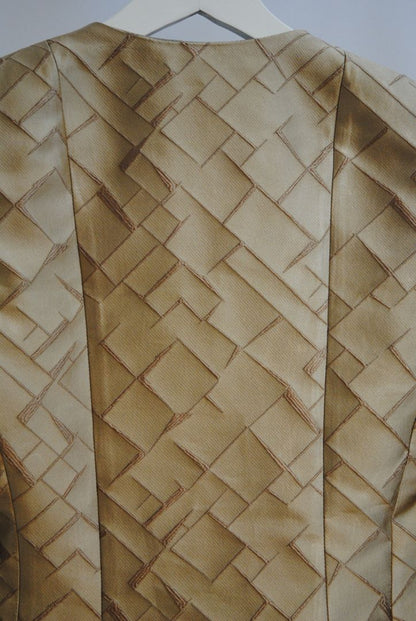 gold Emporio Armani zip blazer, 4-6 / 38 EU Shoulder to hem: ~23–25 in (standard blazer length) Sleeve length: ~23 in Bust: ~17–18 in across (flat)