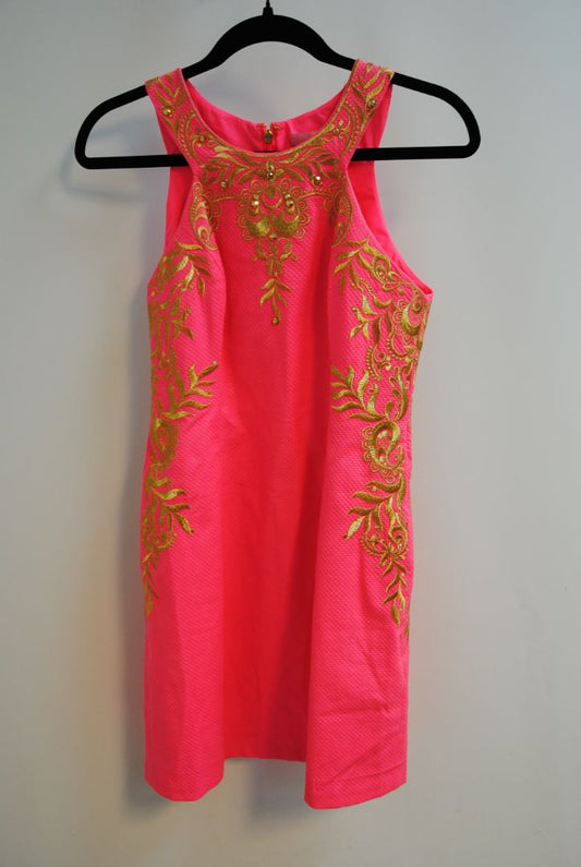 pink and gold Lilly Pulitzer Gold-Embroidered Shift Dress (, 2