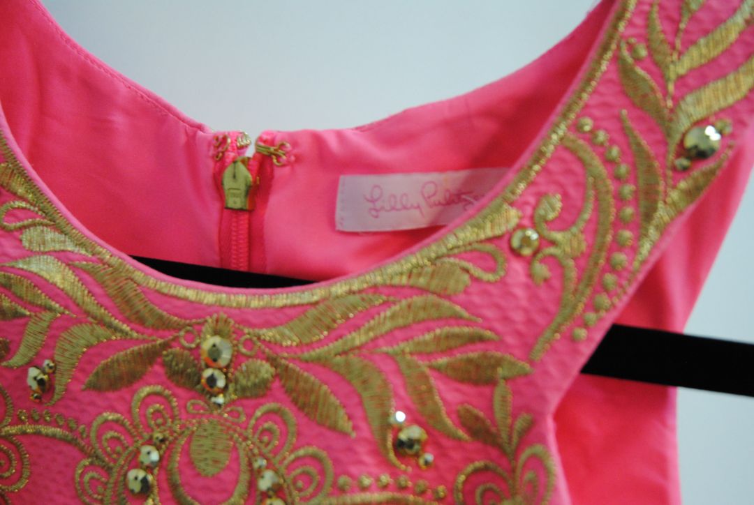 pink and gold Lilly Pulitzer Gold-Embroidered Shift Dress (, 2