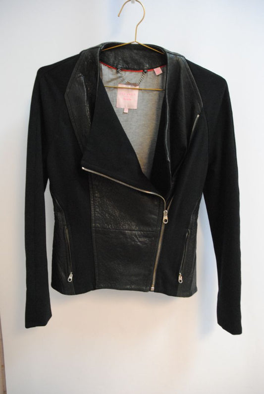 black Ted Baker Faux Leather & Knit Moto Jacket, 3 EU
