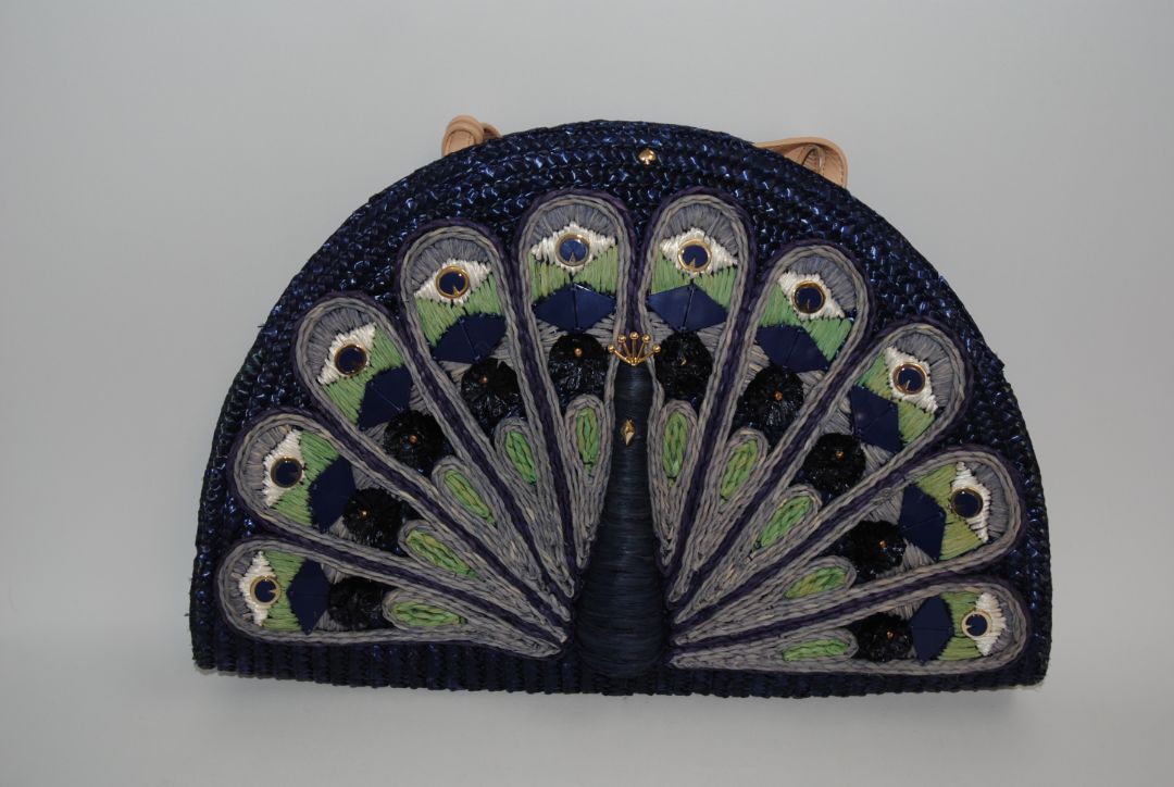 Indigo/Navy with multicolor embroidery (lavender, sage, ivory, cobalt) Kate Spade Rafia peacock satchel, Dimensions: Approx. 14” L × 11” H × 4.5” D