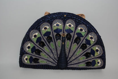 Indigo/Navy with multicolor embroidery (lavender, sage, ivory, cobalt) Kate Spade Rafia peacock satchel, Dimensions: Approx. 14” L × 11” H × 4.5” D