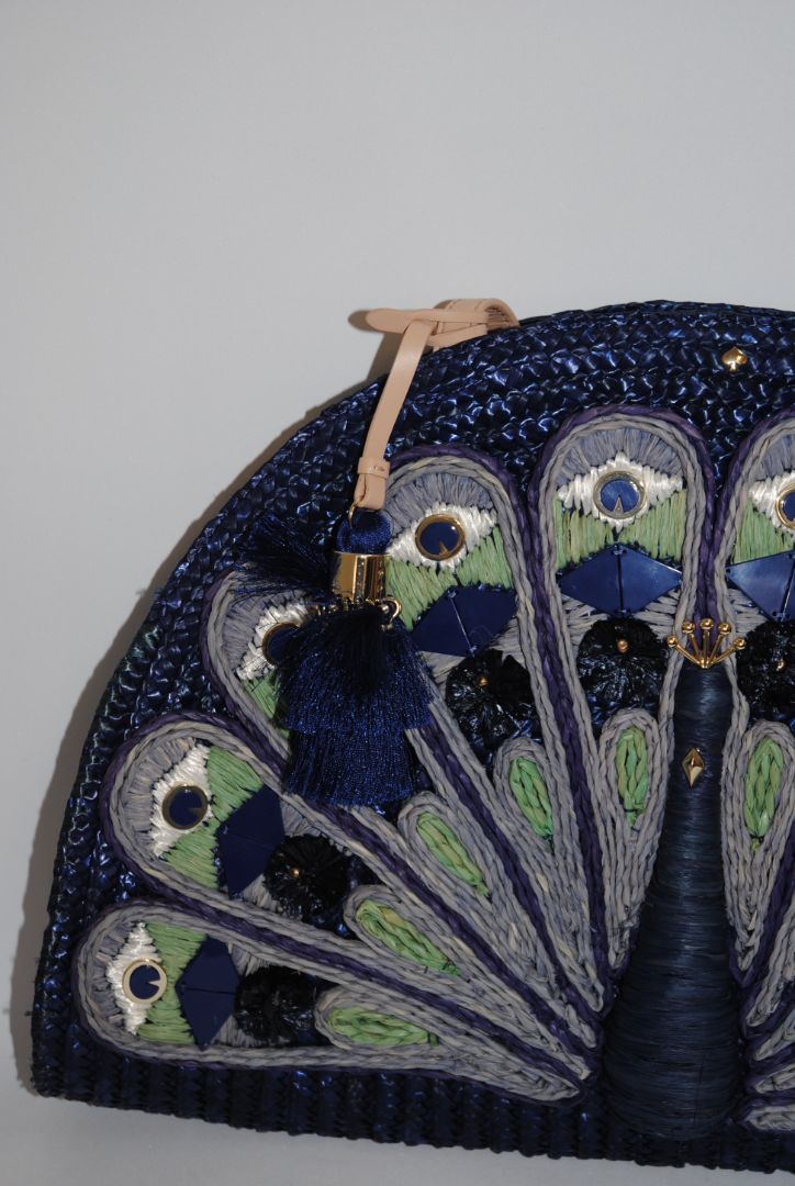 Indigo/Navy with multicolor embroidery (lavender, sage, ivory, cobalt) Kate Spade Rafia peacock satchel, Dimensions: Approx. 14” L × 11” H × 4.5” D