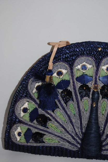 Indigo/Navy with multicolor embroidery (lavender, sage, ivory, cobalt) Kate Spade Rafia peacock satchel, Dimensions: Approx. 14” L × 11” H × 4.5” D