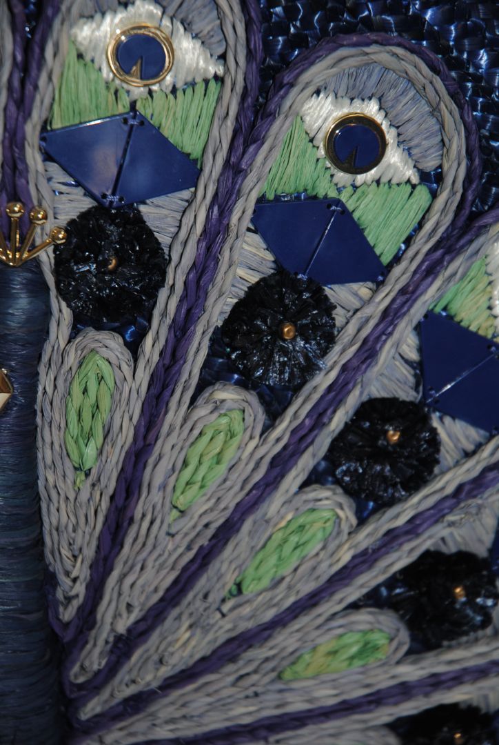 Indigo/Navy with multicolor embroidery (lavender, sage, ivory, cobalt) Kate Spade Rafia peacock satchel, Dimensions: Approx. 14” L × 11” H × 4.5” D