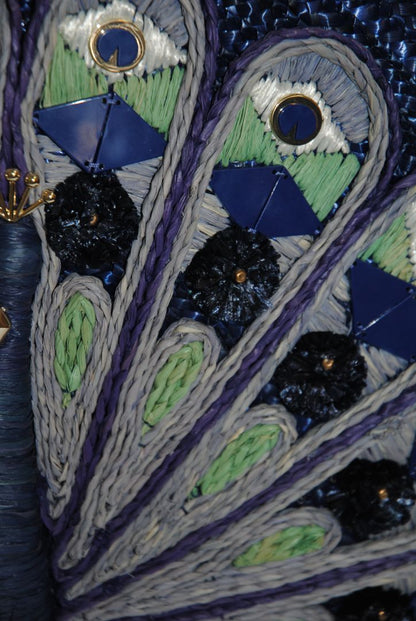Indigo/Navy with multicolor embroidery (lavender, sage, ivory, cobalt) Kate Spade Rafia peacock satchel, Dimensions: Approx. 14” L × 11” H × 4.5” D