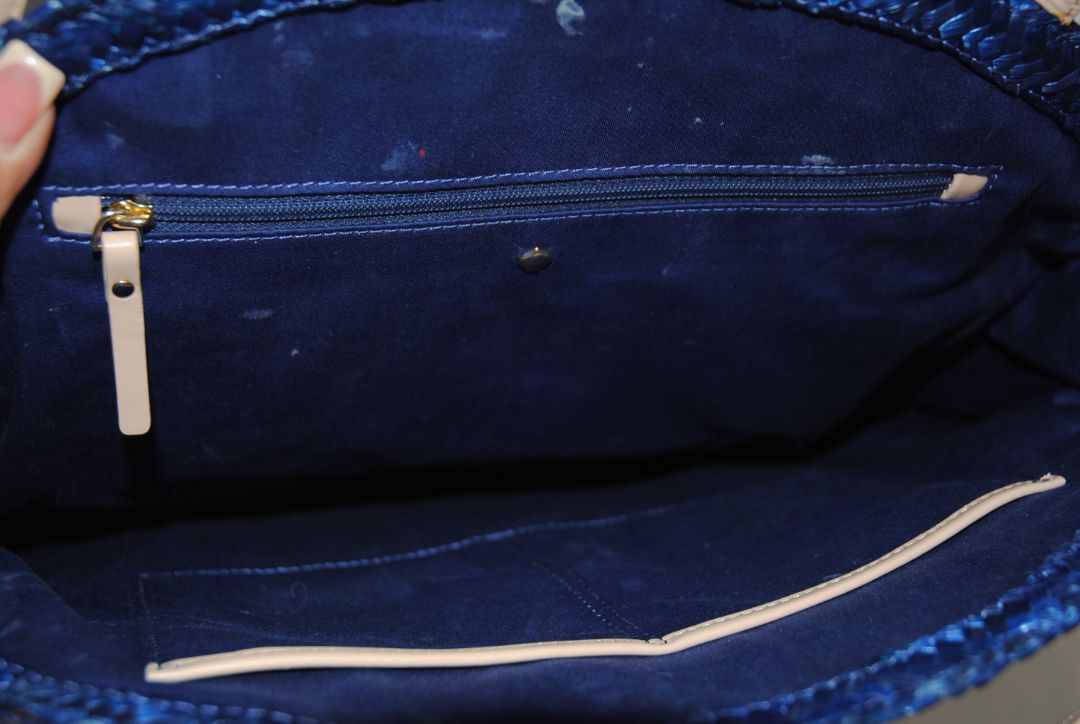 Indigo/Navy with multicolor embroidery (lavender, sage, ivory, cobalt) Kate Spade Rafia peacock satchel, Dimensions: Approx. 14” L × 11” H × 4.5” D