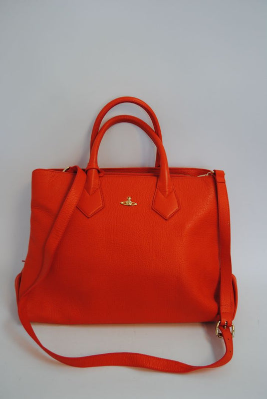 FLAME ORANGE Vivienne Westwood ORB EMBOSSED LEATHER TOTE, Dimensions: Approx. 14.5” L × 10” H × 6” D