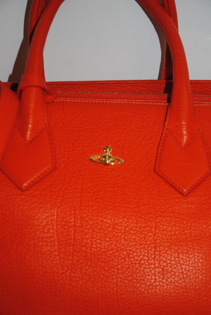 FLAME ORANGE Vivienne Westwood ORB EMBOSSED LEATHER TOTE, Dimensions: Approx. 14.5” L × 10” H × 6” D