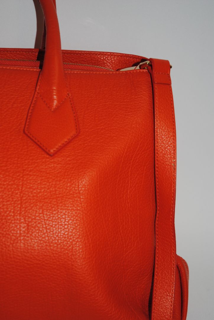 FLAME ORANGE Vivienne Westwood ORB EMBOSSED LEATHER TOTE, Dimensions: Approx. 14.5” L × 10” H × 6” D