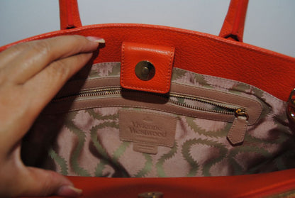 FLAME ORANGE Vivienne Westwood ORB EMBOSSED LEATHER TOTE, Dimensions: Approx. 14.5” L × 10” H × 6” D