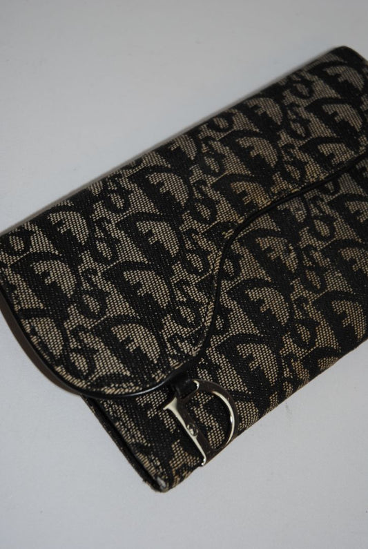 black and grey Christian Dior OBLIQUE TROTTER LONG WALLET, Dimensions: Approx. 7.5” L × 4.25” H × 1” D