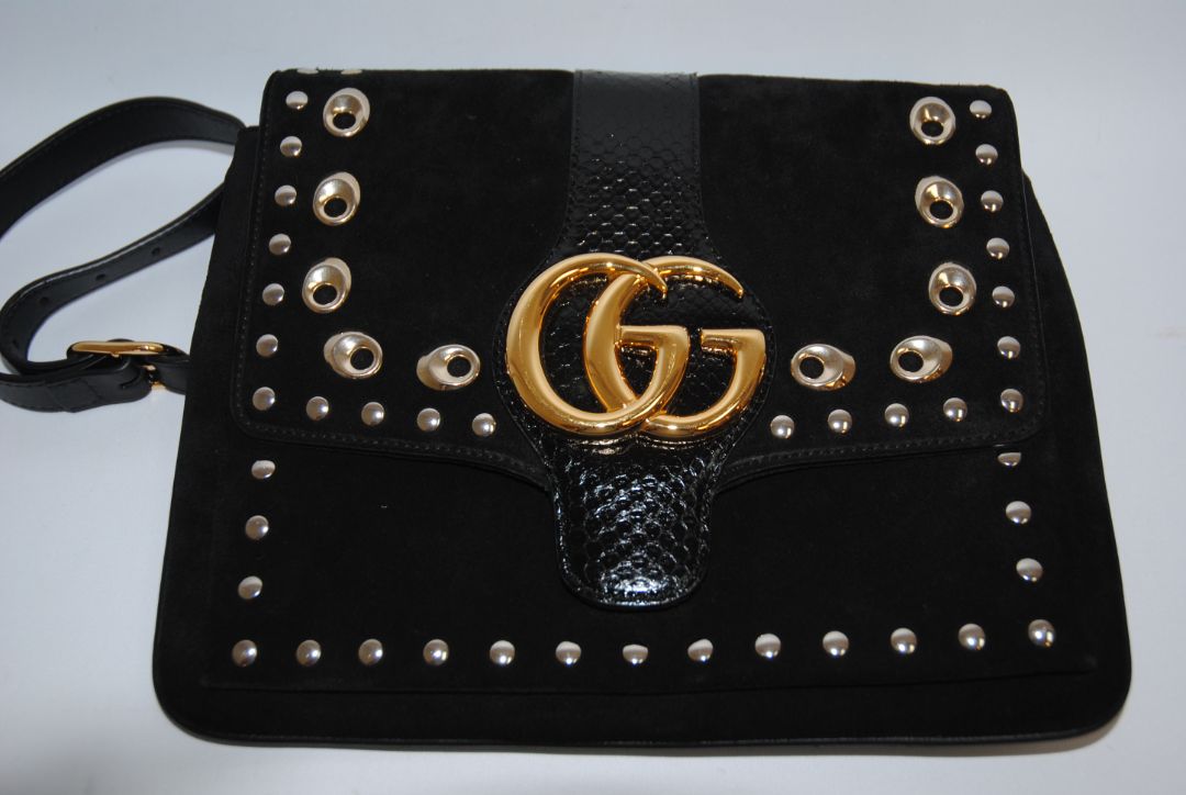 black suede Gucci Marmont Studded Suede & Python Crossbody Bag, Dimensions (approx): 10” L x 8” H x 3.5” W (25.4cm x 20.3cm x 9cm) Strap Drop: Adjustable, 18”–21” (45.7cm–53.3cm)