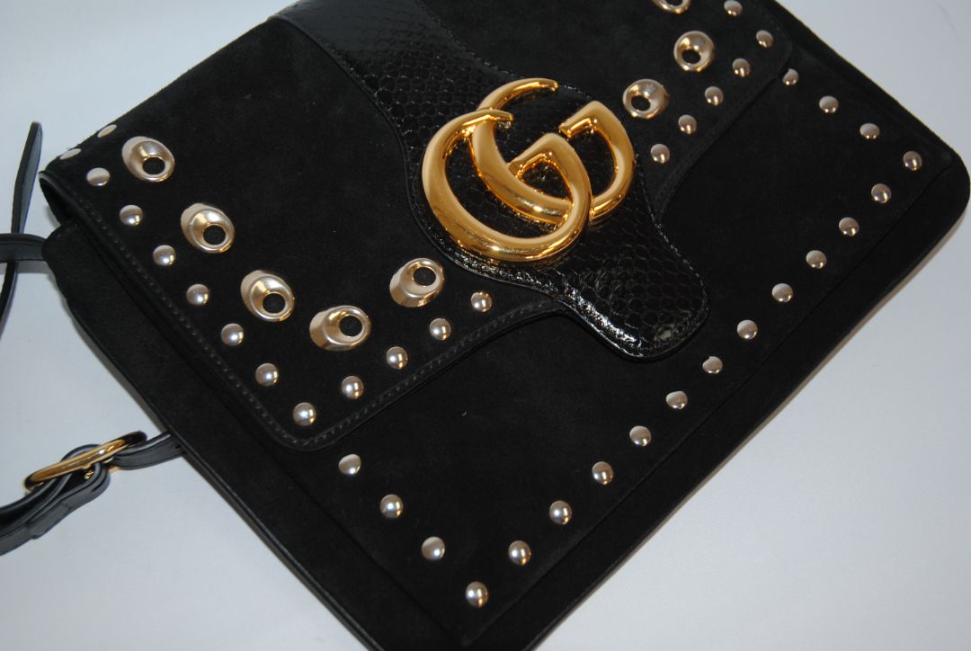 black suede Gucci Marmont Studded Suede & Python Crossbody Bag, Dimensions (approx): 10” L x 8” H x 3.5” W (25.4cm x 20.3cm x 9cm) Strap Drop: Adjustable, 18”–21” (45.7cm–53.3cm)