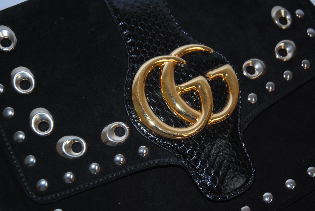 black suede Gucci Marmont Studded Suede & Python Crossbody Bag, Dimensions (approx): 10” L x 8” H x 3.5” W (25.4cm x 20.3cm x 9cm) Strap Drop: Adjustable, 18”–21” (45.7cm–53.3cm)