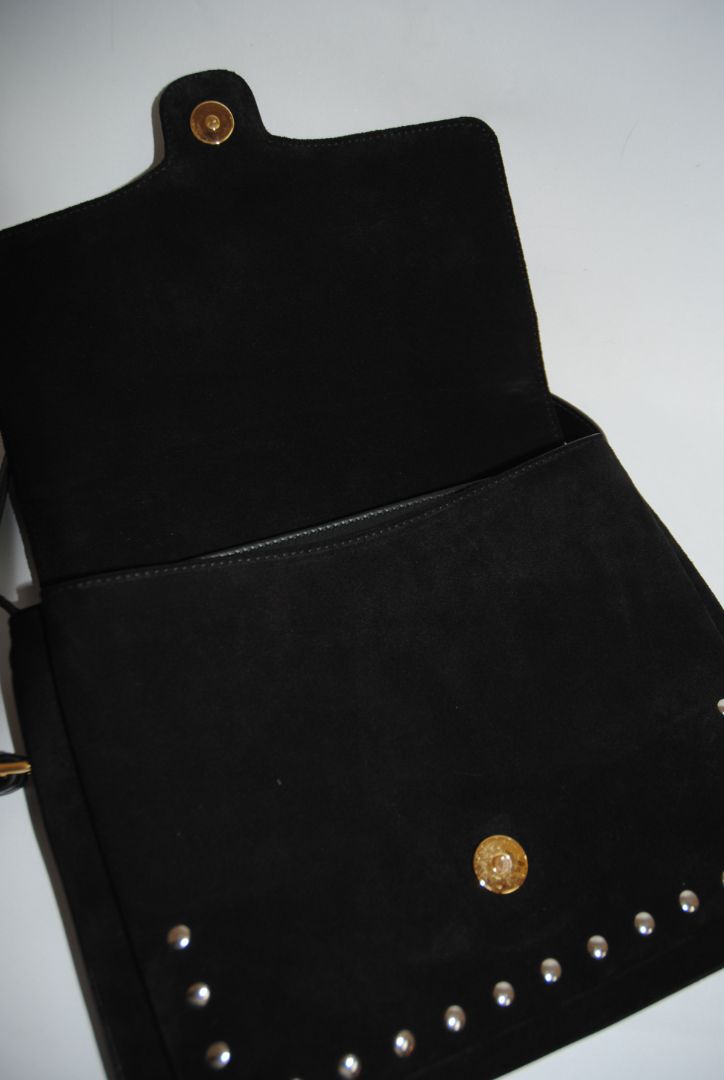 black suede Gucci Marmont Studded Suede & Python Crossbody Bag, Dimensions (approx): 10” L x 8” H x 3.5” W (25.4cm x 20.3cm x 9cm) Strap Drop: Adjustable, 18”–21” (45.7cm–53.3cm)
