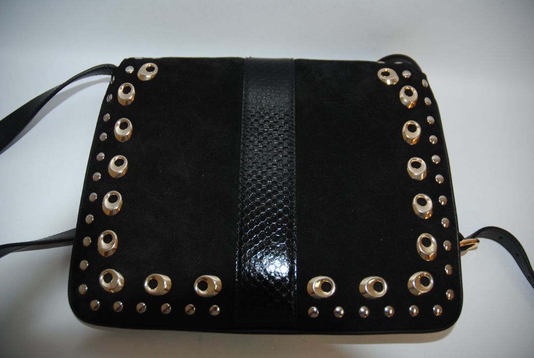 black suede Gucci Marmont Studded Suede & Python Crossbody Bag, Dimensions (approx): 10” L x 8” H x 3.5” W (25.4cm x 20.3cm x 9cm) Strap Drop: Adjustable, 18”–21” (45.7cm–53.3cm)