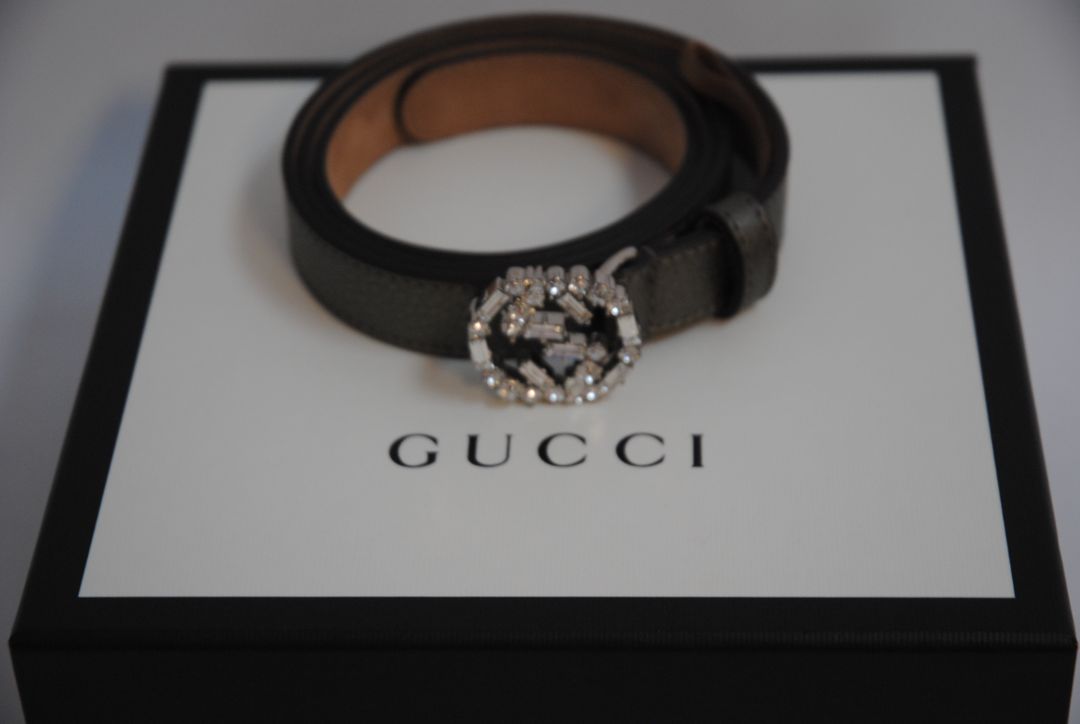 metallic taupe Gucci GG Crystal Buckle Belt – Metallic Pebbled Leather, Approx. 1.5” wide, fits approx. 28–32” waist (adjustable holes)