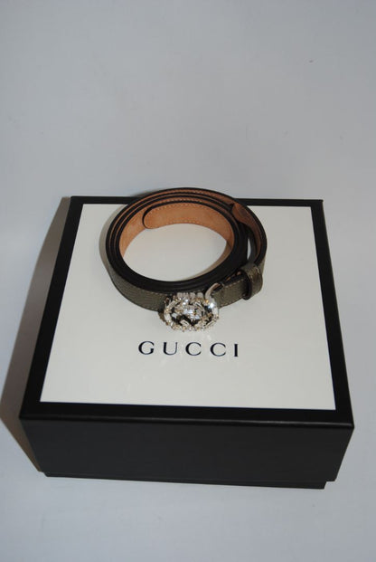 metallic taupe Gucci GG Crystal Buckle Belt – Metallic Pebbled Leather, Approx. 1.5” wide, fits approx. 28–32” waist (adjustable holes)