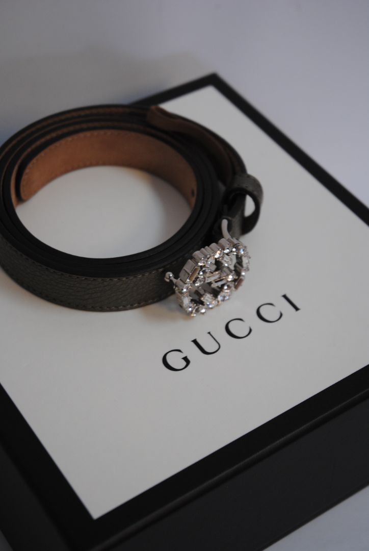 metallic taupe Gucci GG Crystal Buckle Belt – Metallic Pebbled Leather, Approx. 1.5” wide, fits approx. 28–32” waist (adjustable holes)