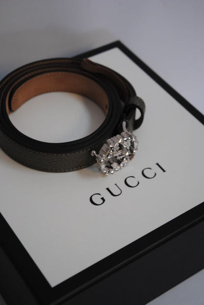 metallic taupe Gucci GG Crystal Buckle Belt – Metallic Pebbled Leather, Approx. 1.5” wide, fits approx. 28–32” waist (adjustable holes)