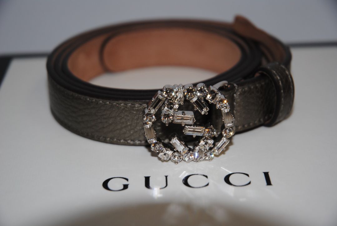 metallic taupe Gucci GG Crystal Buckle Belt – Metallic Pebbled Leather, Approx. 1.5” wide, fits approx. 28–32” waist (adjustable holes)