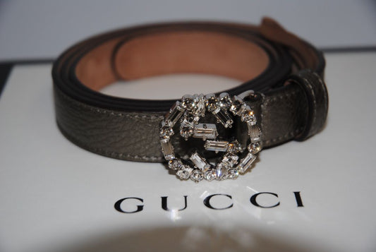 metallic taupe Gucci GG Crystal Buckle Belt – Metallic Pebbled Leather, Approx. 1.5” wide, fits approx. 28–32” waist (adjustable holes)