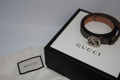 metallic taupe Gucci GG Crystal Buckle Belt – Metallic Pebbled Leather, Approx. 1.5” wide, fits approx. 28–32” waist (adjustable holes)
