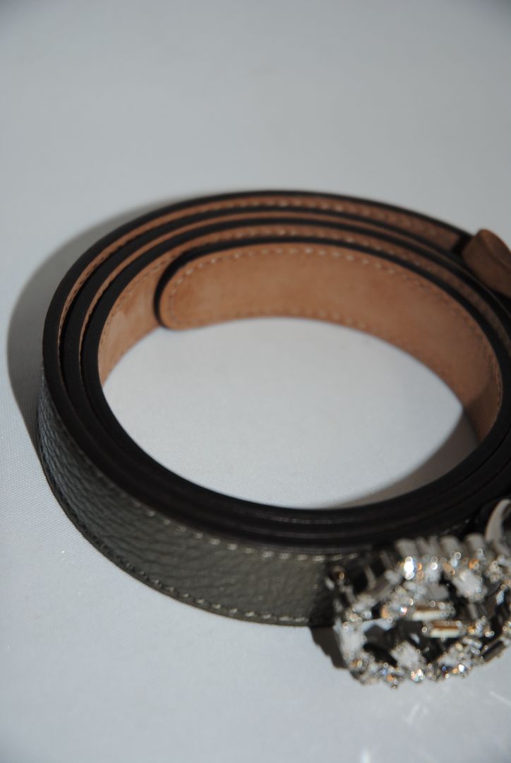 metallic taupe Gucci GG Crystal Buckle Belt – Metallic Pebbled Leather, Approx. 1.5” wide, fits approx. 28–32” waist (adjustable holes)