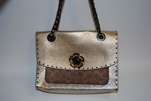 rose gold Coach Parker Shoulder Bag with Tea Rose Turnlock, Length: 10 in (25.5 cm) Height: 6.5 in (16.5 cm) Depth: 3.5 in (9 cm) Strap Drop: 11.5 in (doubled), 21 in (long crossbody)