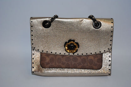 rose gold Coach Parker Shoulder Bag with Tea Rose Turnlock, Length: 10 in (25.5 cm) Height: 6.5 in (16.5 cm) Depth: 3.5 in (9 cm) Strap Drop: 11.5 in (doubled), 21 in (long crossbody)